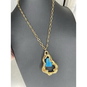 Gold Plated Necklace Blue Turquoise Pendant Designer Gems Jewelry
